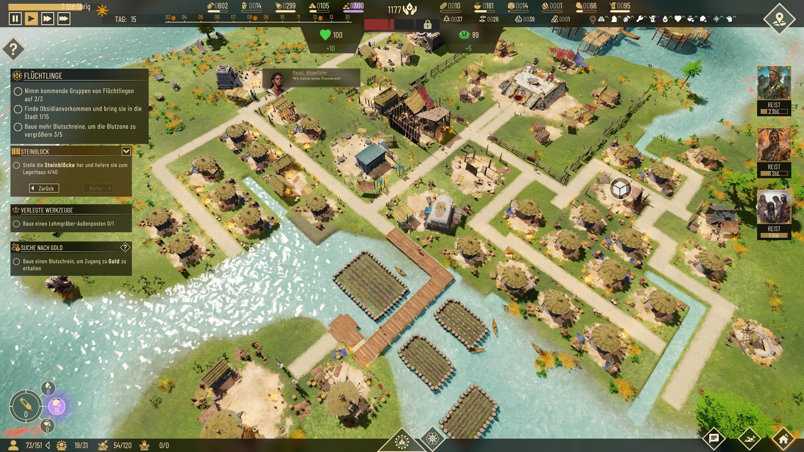 Schön langsam wächst unsere kleine Siedlung. Auch einen Hafen haben wir schon errichten können - Aztecs: The Last Sun:
