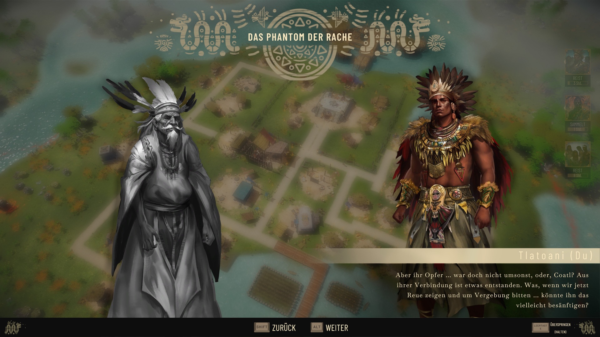 In solchen Gesprächen werden die großen Teile der Handlung erzählt. Es gibt aber auch noch Notizen, kleinere In-Game-Videos und gezeichnete Szenen - Aztecs: The Last Sun.