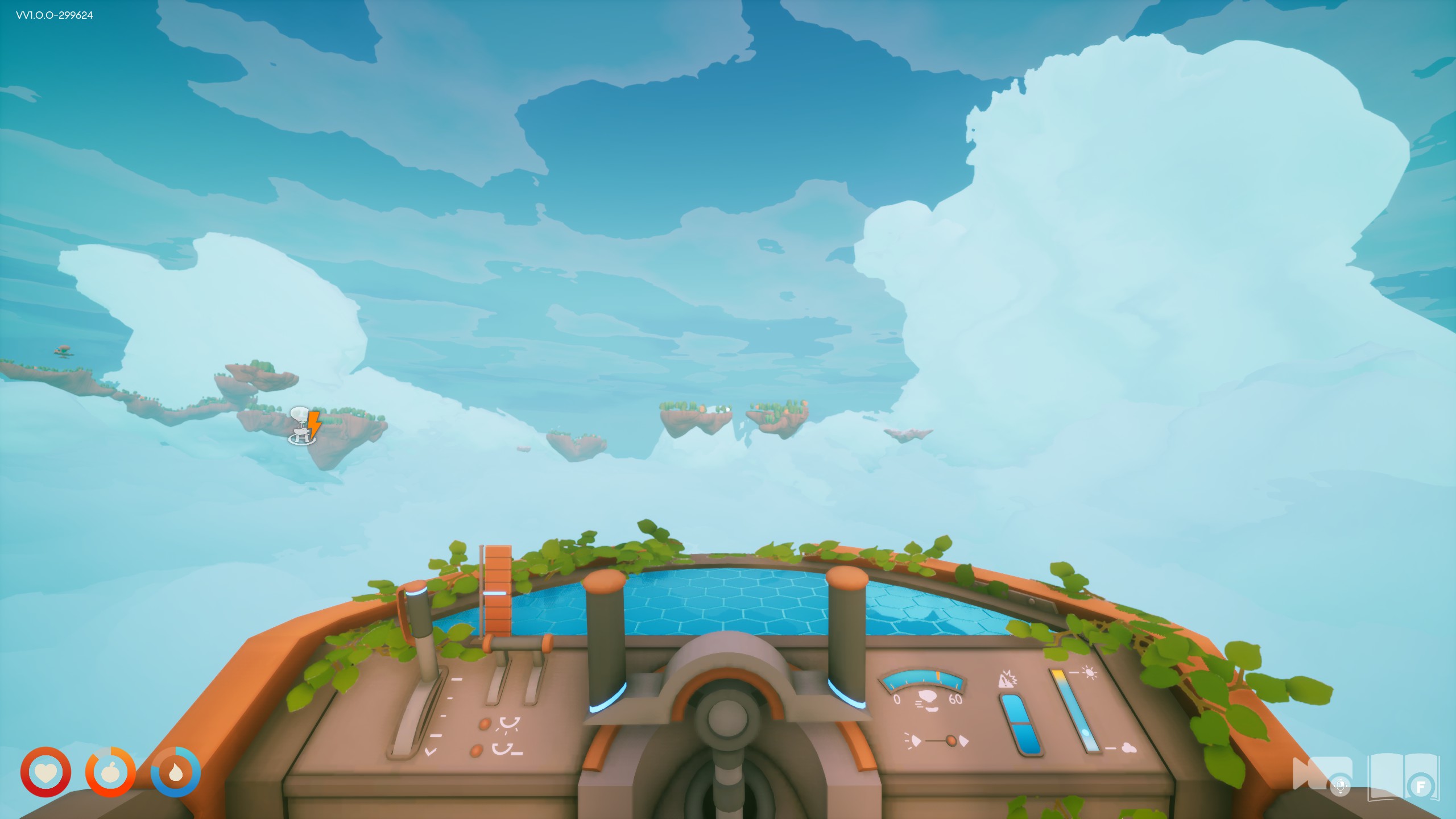 Hier fliegen wir gemütlich mit unserem Flugschiff durch die Spielwelt - Solarpunk.
