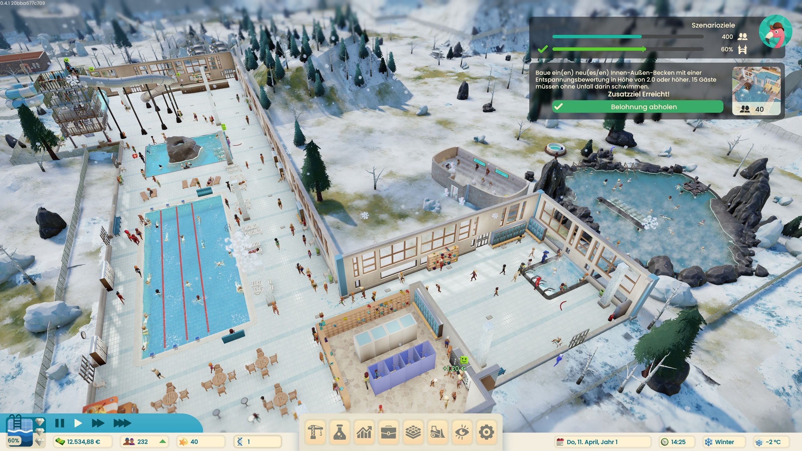 Eines der Szenarien versetzt uns in eine Winterlandschaft. Hier müssen wir wärmende Thermen und sogar ein Gebäude errichten - Aquapark Tycoon.